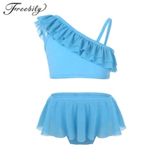Детский купальник-танкини с оборками на одно плечо для девочек, купальный костюм, купальный костюм, топ с низом, бикини, комплект из двух предметов, купальные костюмы