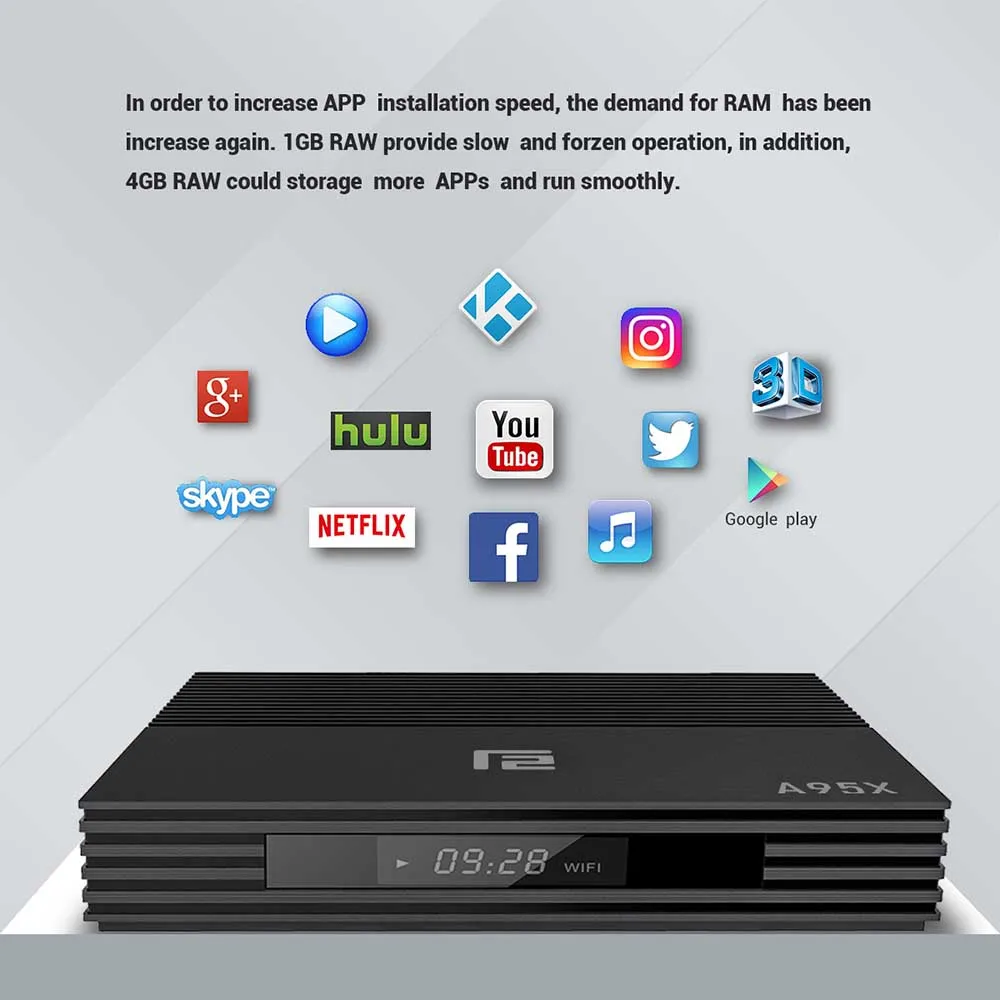 Android 9.0 Smart TV Box A95X F2 4GB 64GB Amlogic S905X2 Support Dual Wifi 1080p 4K 60fps Google Player Netflix Youtube Media Android 9.0 Smart TV Box A95X F2 4GB 64GB Amlogic S905X2 Support Dual Wifi 1080p 4K 60fps Google Player Netflix Youtube Media