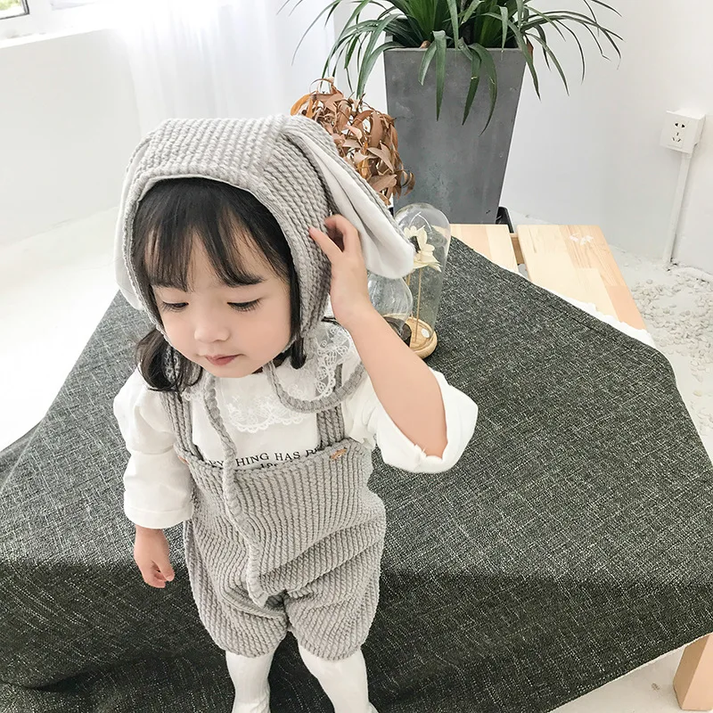 

2018 Autumn New Arrival Cotton all-match Baby Rabbit Ears Cute Strap climbing pp bodysuit with hat for cute sweet baby girls