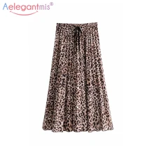 Aelegantmis летние резинка на талии Леопардовый принт плиссированная юбка с поясом Женская мода Большой Подол Юбки-миди женская повседневная юбка