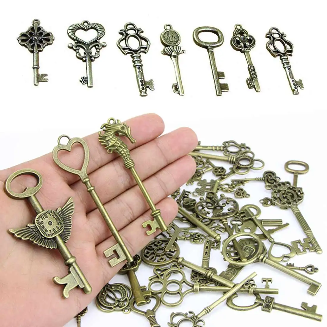 

Retro 40pcs/lot Antique Vintage old look Ornate Skeleton Keys Lot Pendant Fancy Heart Necklace DIY Hanging Jewelry Decoration
