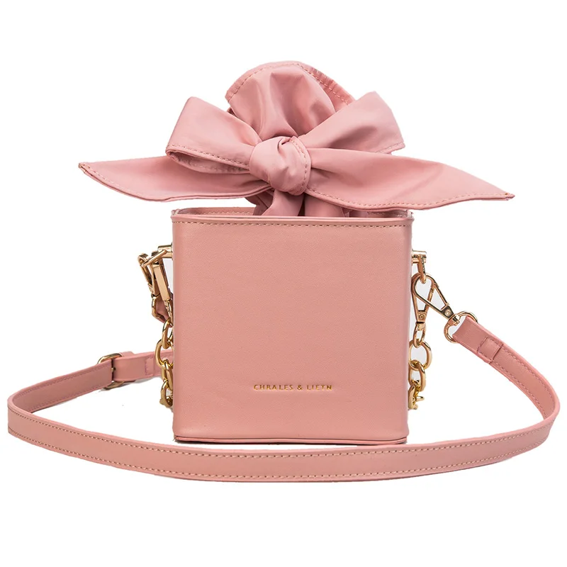 Toposhine, модная сумка в форме коробки, одноцветная, из искусственной кожи, для женщин, с клапаном, с бантом, открытая, милая, для девушек, сумка на плечо, мини, для макияжа, сумочка для подарка - Цвет: Pink