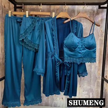 

New Luxury Silk Pyjama Fashion Women Four Sets Pants Set Ladies Satin Pajamas Home Clothing Robe Sling Shorts Sleepwear