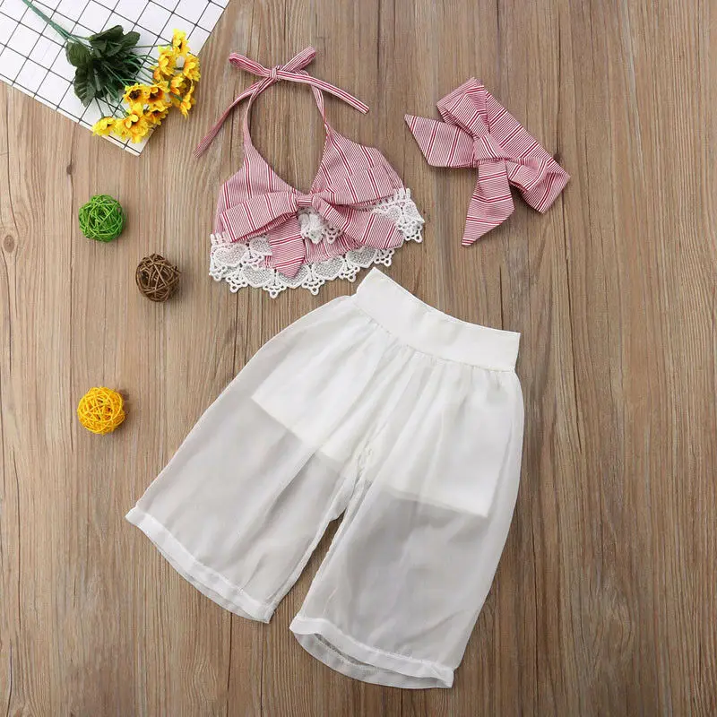 Летние хлопковые топы в полоску для маленьких девочек, длинные штаны, комплект одежды из 3 предметов - Цвет: Розовый
