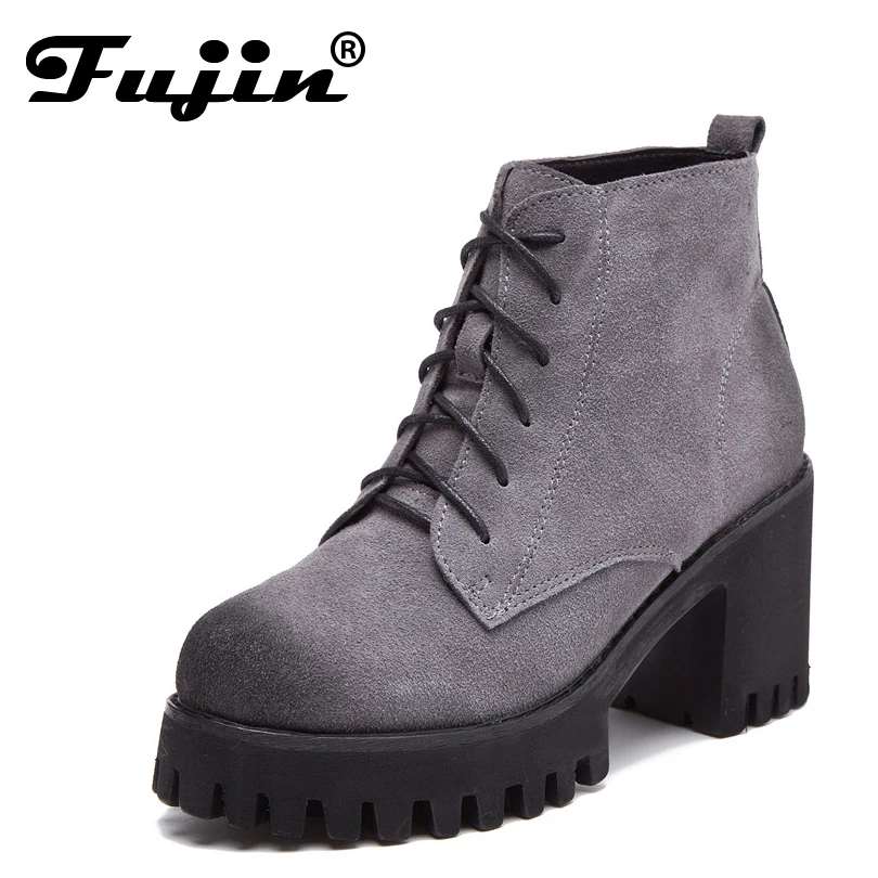 

2017 women Genuine Leather boots martin boots nubuck leather square heel lace up platform ankle boots solid boots