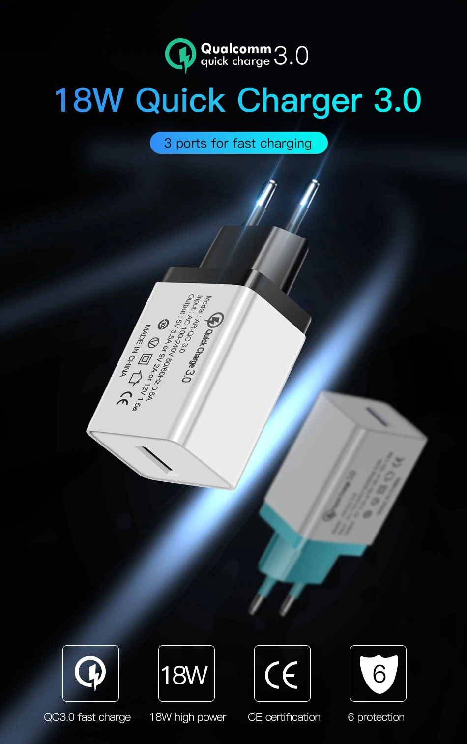 !ACCEZZ Universal Quick Charge 3.0 Charging Adapter For iphone 5s 7 X Samsung s10 Plus 1 USB Travel Wall Charger EU Plug Charger-1