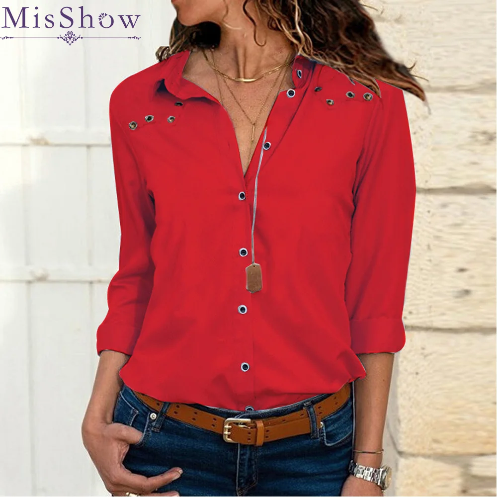 

In Stock 2019 New Women Blouses Long Sleeve Shirts Chiffon Red White Solid Color Shirt Casual Female Plus Size Blouse Tops