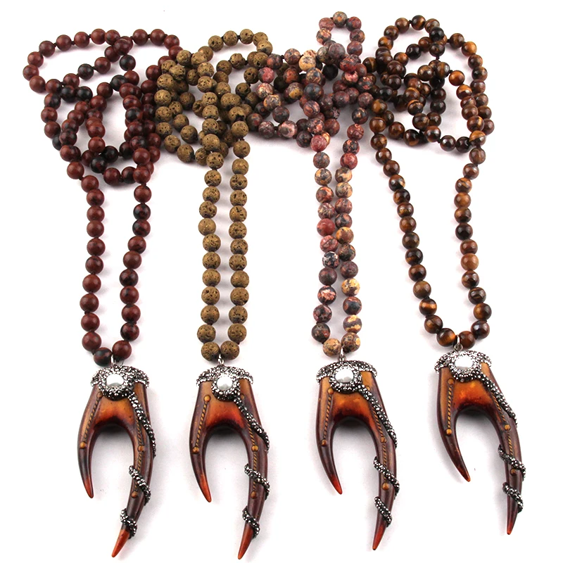 

Fashion Bohemian Jewelry 8mm Bead Stones Long Knotted Handmade Paved Teeth Pendant Necklaces For Women Jewelry