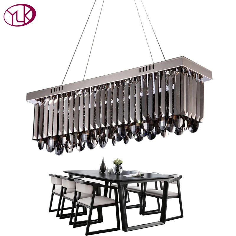 

New Modern Smoky Gray Crystal Chandelier Dining Room Rectangle Bar Coffee Lighting Fixture LED Lustre De Cristal Home Lamps