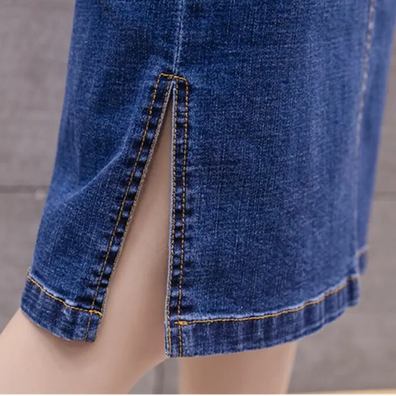 Джинсовая юбка, женские джинсовые юбки-карандаш, модные летние юбки средней длины с высокой талией и разрезом, юбки длинные синие для офисных леди, большие размеры 484