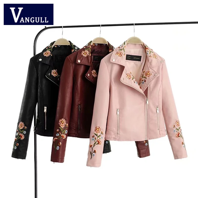 

Motor & Biker Autumn Women's Clothing Flower Embroidery Slim Female PU Leather Jacket long sleeve Shorts Faux Leather Outerwear