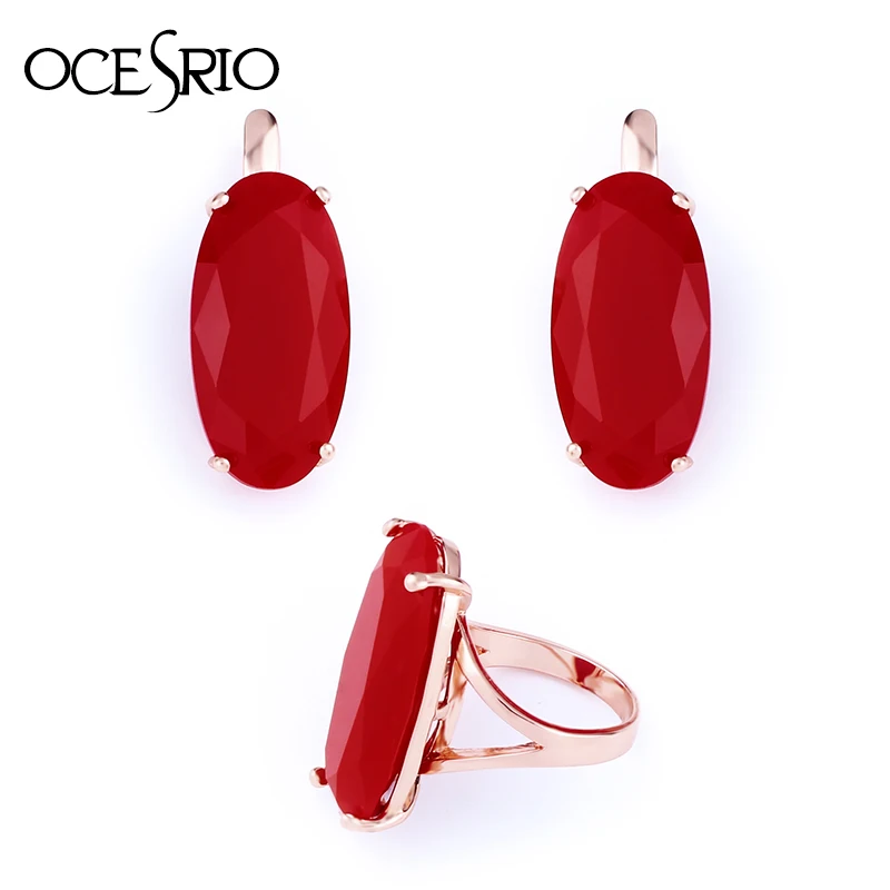 

OCESRIO Red Garnet Jewelry Sets for Women Party Big Red Garnet Stone Ring Stud Earrings with Stones Vintage Jewelry Set rig-e66