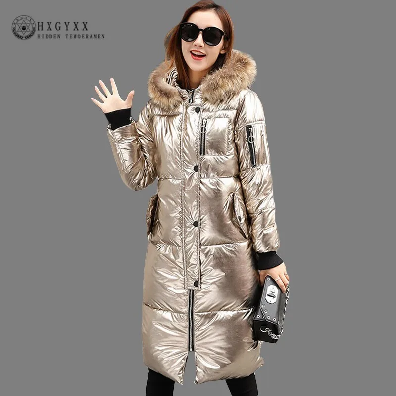 Металлическая золотисто-серебристая зимняя женская куртка с капюшоном, длинное пальто размера плюс, тонкие хлопковые парки, воротник из искусственного меха, теплая верхняя одежда Oke064