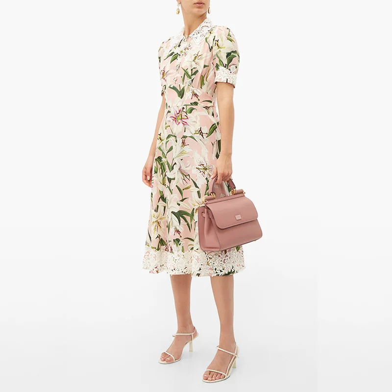 

Summer 2019 New Lily Buttons Stitching Water Soluble Lace Short Sleeve Dress 190625SL01