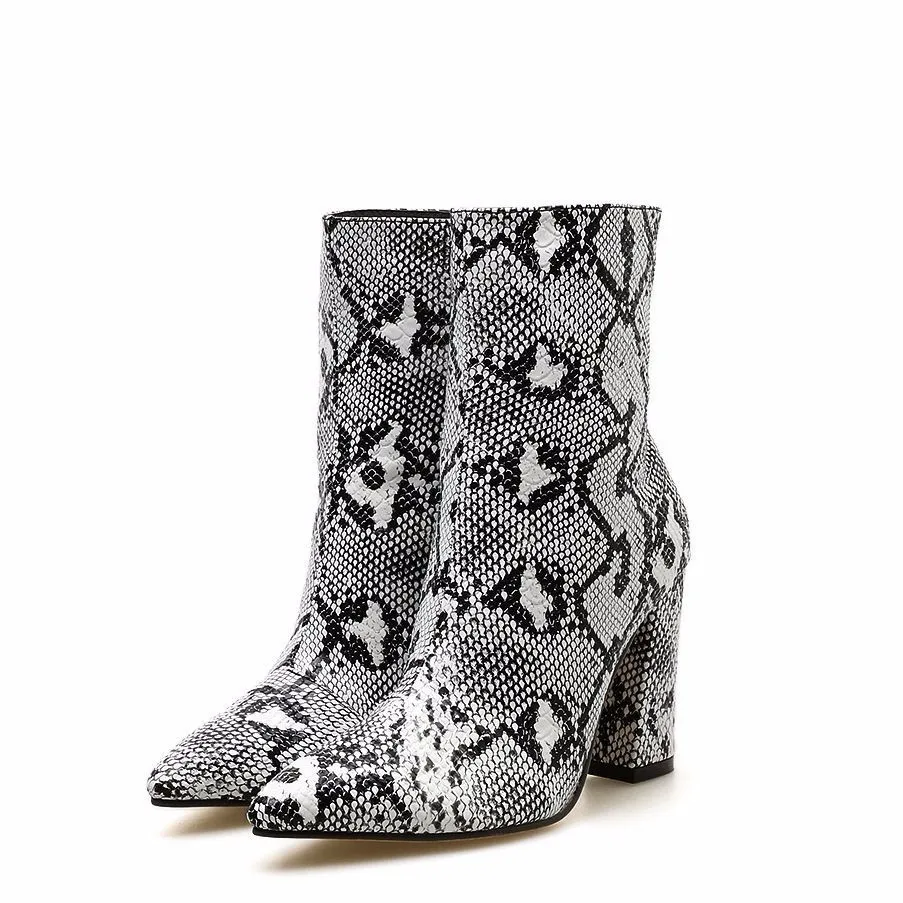 

Women Zipper Boots Snake Print Ankle Boots Square Heel Fashion Pointed Toe Ladies Sexy High Heels Female Boot Party Shoes Women