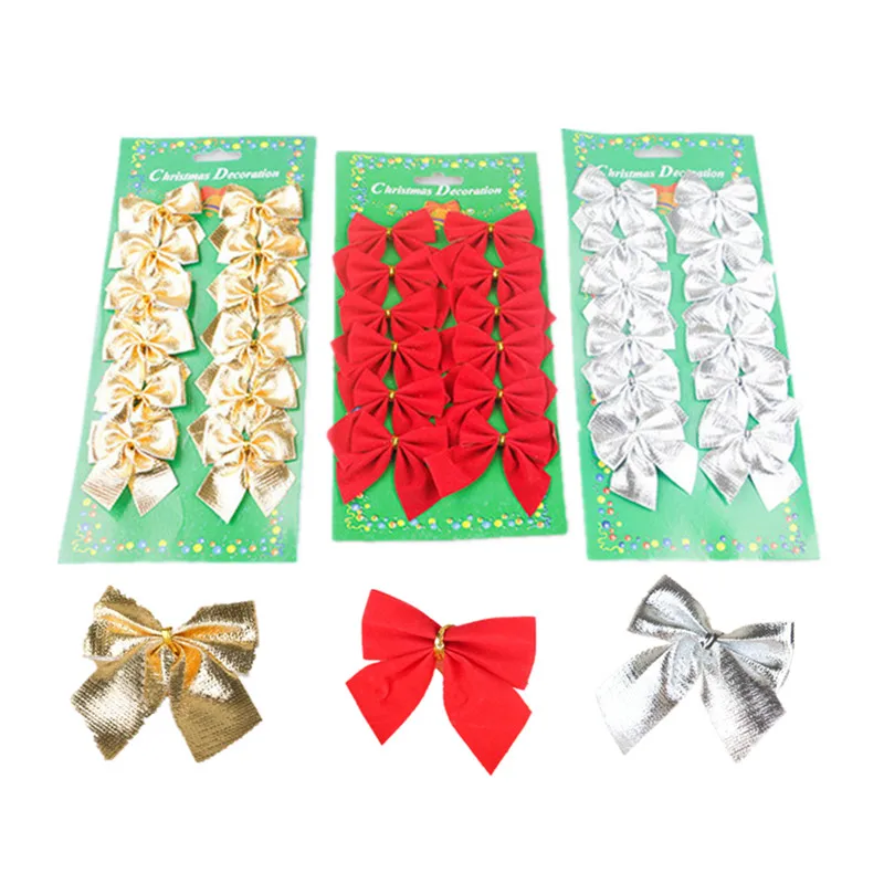 

12pcs/Set Flocking Fabric Christmas Ornaments Gold Silver Red Bow Tie For Mall Xmas Tree Decorations Supplies Party Child Gift