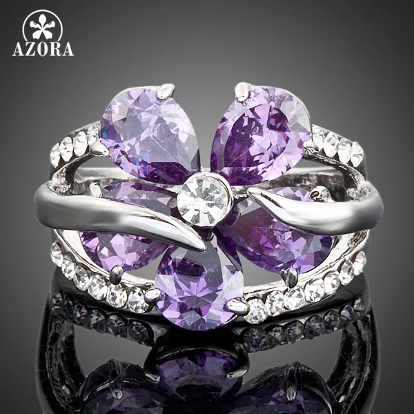 AZORA кольцо из белого золота Stellux с австрийским кристаллом фиолетовым цветком и кубическим цирконием TR0010