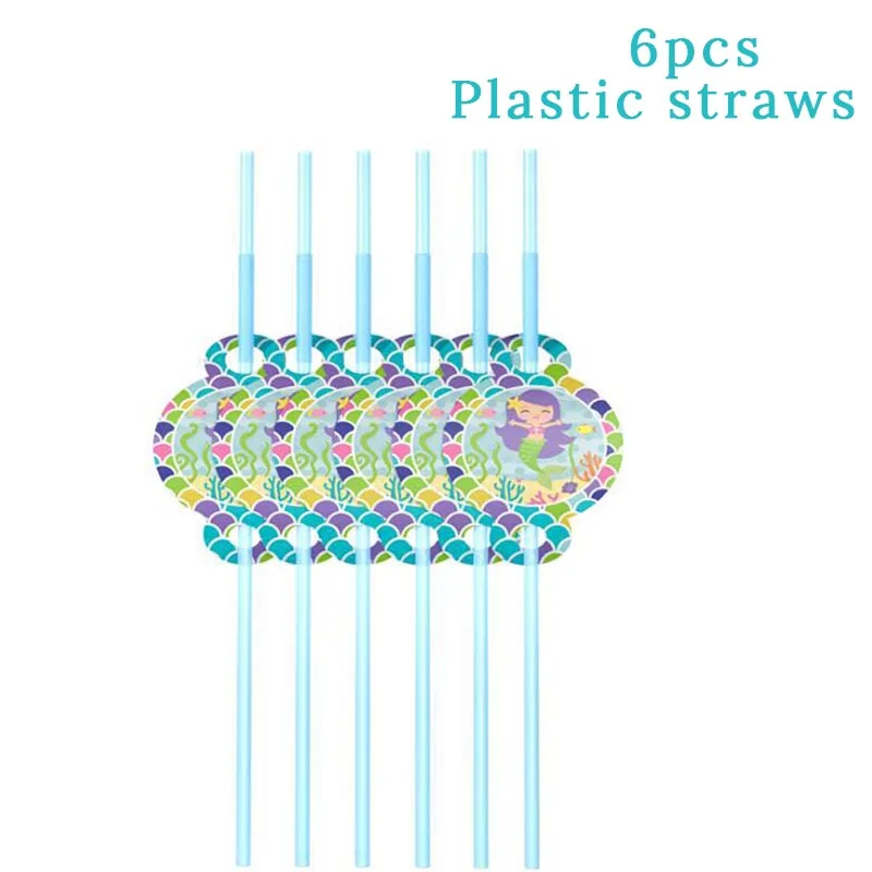 Вечерние столовые приборы в форме русалки для вечеринки в честь Дня Рождения, бумажные тарелки, чашки с фольгированные шары с русалкой, Декор, вечерние принадлежности для девочек - Цвет: 6pcs Plastic Straws