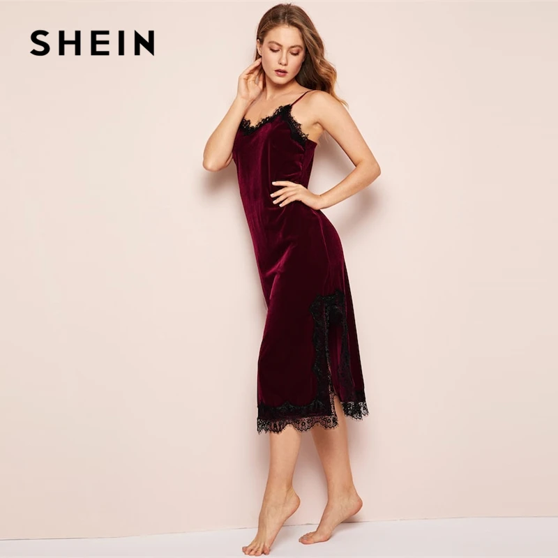SHEIN Ночная Рубашка С Кружевной Отделкой Длинная Бархатная Женская Элегантная