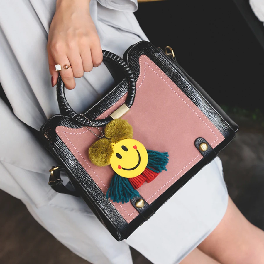 Women Bags New Smiley Face Pendant Handbags Korean Version Hit Color Female Package Fashion Weaving Hand-held Messenger Bag Women Bags New Smiley Face Pendant Handbags Korean Version Hit Color Female Package Fashion Weaving Hand-held Messenger Bag