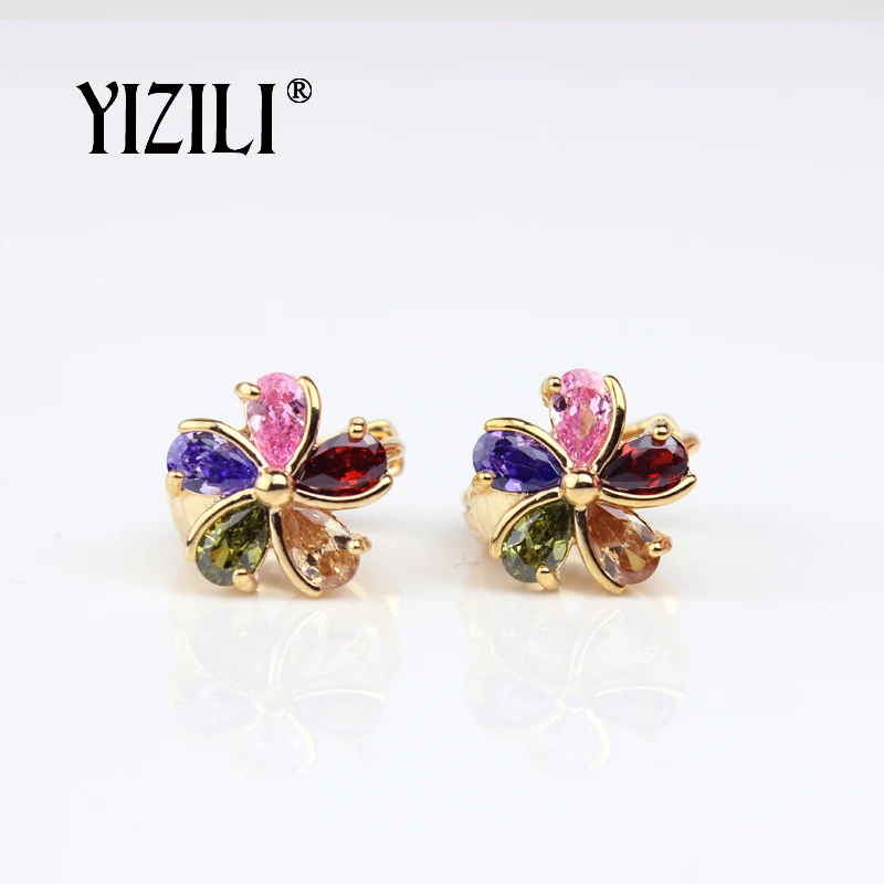 

YIZILI High Quality Gold color Hoop Earrings Flower Shape colorful Zircon Earrings for Women Party Banquet Gift Jewelry Hot A019