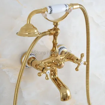

Gold Color Brass Wall Mounted Swive Spout Tub Mixer Tap with Handshower Handheld Bath Shower Mixer Water Set lna849