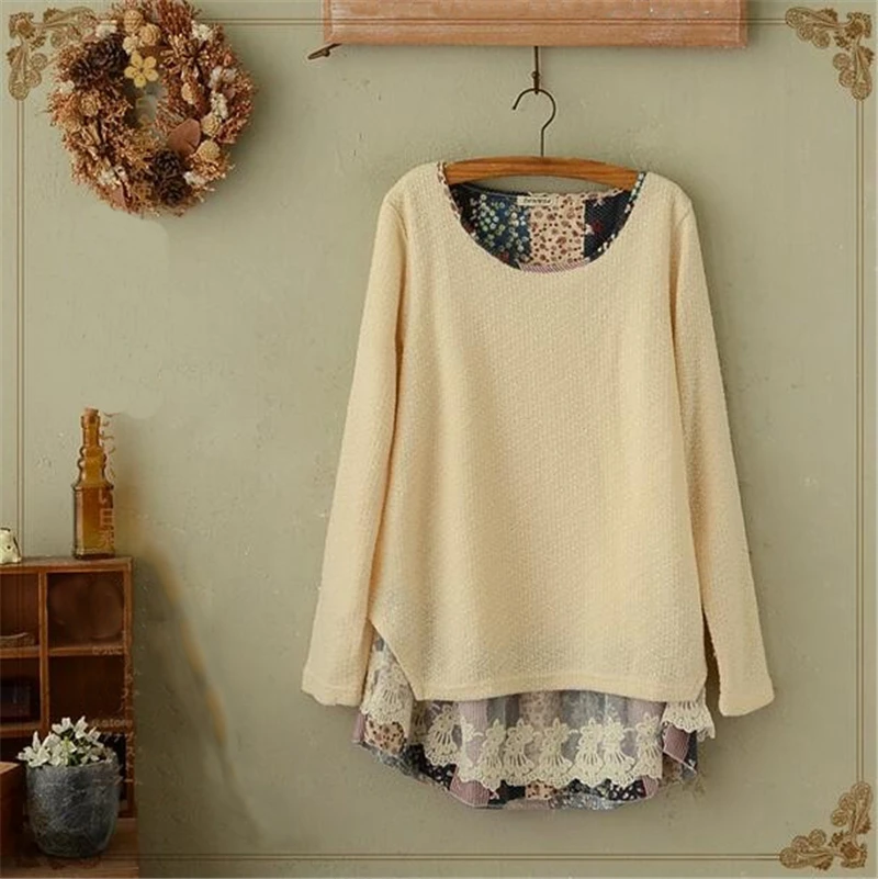 

2018 autumn mori girl Casual loose plus size shirt women tops winter Patchwork Fake Two Pieces Floral lace blouse femme blusas