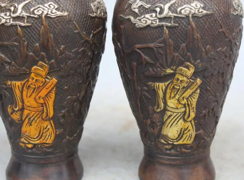 

S1120 8" Marked Chinese Silver Bronze Gilt Fu Lu Shou Boy Bat Deer Vase Pair Statue discount 30% (C0324)