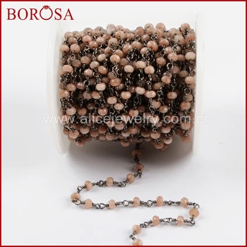 

BOROSA 5Meters Gold Color Silver Plated Pink Opal Roundel Faceted Beads Rosary Chain Fashion Beaded Chains Jewelry Finding JT208