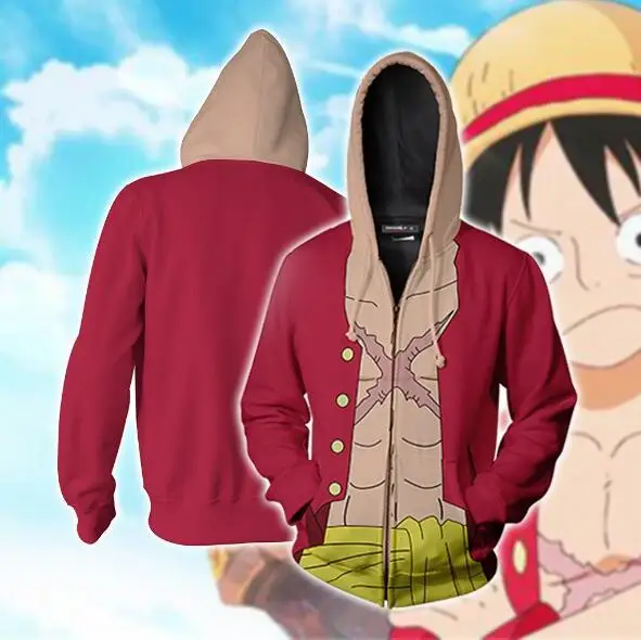 2019New Аниме ONE PIECE Monkey D. Косплей Луффи костюм толстовка на молнии Косплей мужчины и женщины повседневный спортивный свитер с коротким рукавом - Цвет: Красный