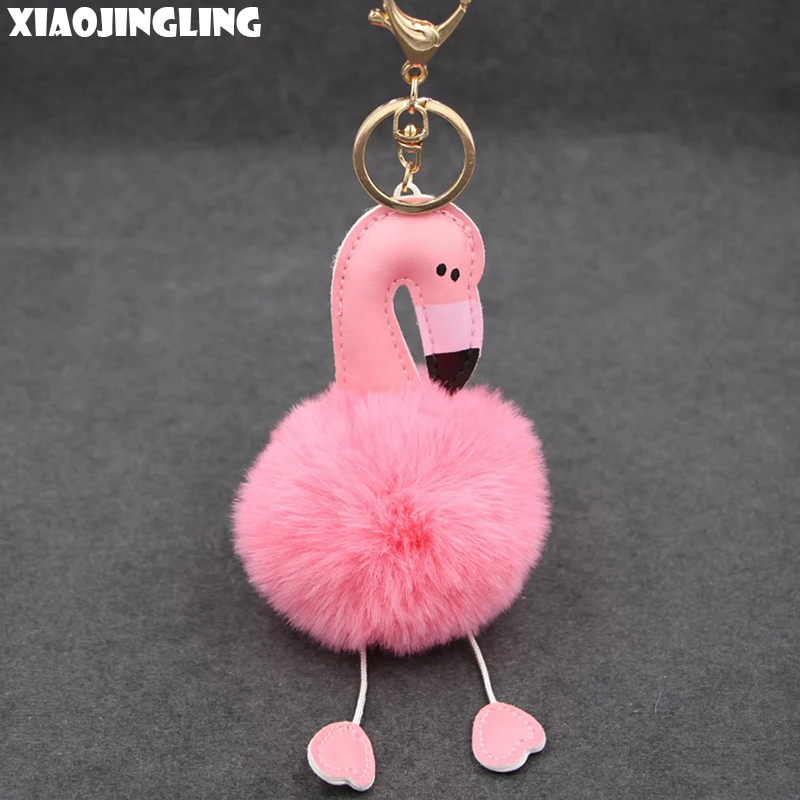 XIAOJINGLING Pink Flamingo Pompom Keychain Cute Pompom Keyring Flamingo