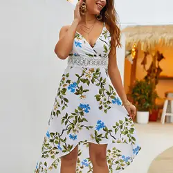 Женская модная богемная майка летние платья без рукавов с v-образным вырезом платье с цветочным принтом пляжное платье синий белый