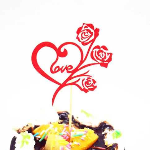 1pc Rose Love Heart Wedding Cake Flag Topper Multi Colors Cake Flags For Birthday Wedding Party New Years Cake Baking Decor