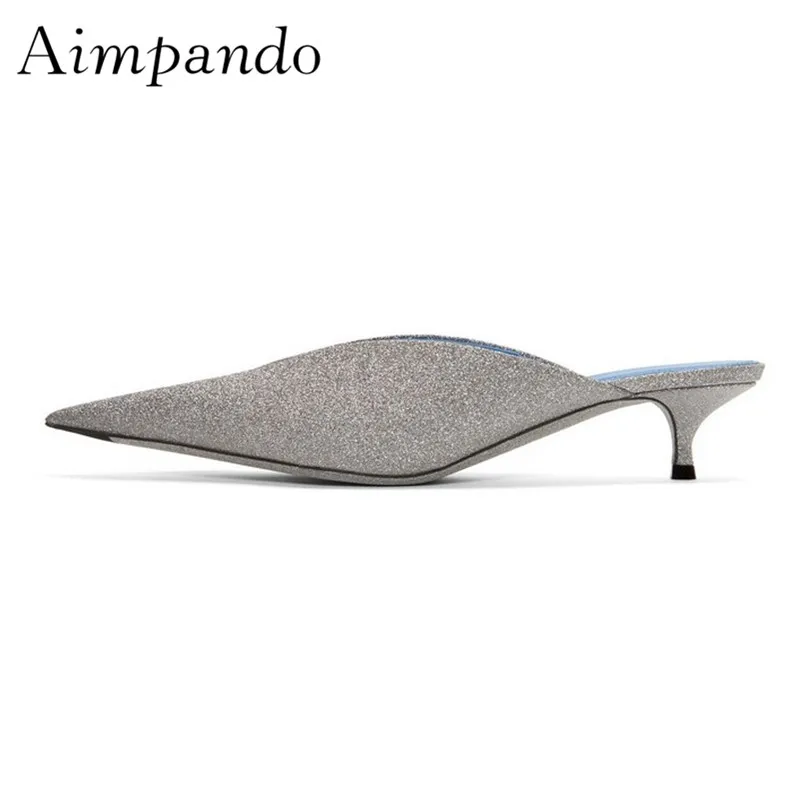 

Sexy Silver Glitter Slippers Women New Spring 2019 Pointed Toe Kitten Heel Slingback Shallow Shoes Sequined Mules For Women