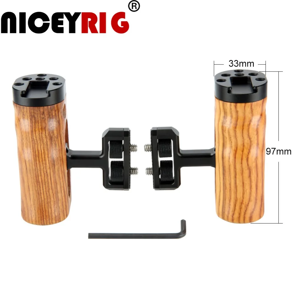 

NICEYRIG Wood Hand Grips DSLR Camera Cage Side Handle Cold Shoe Cheese Top 1/4" Screw Rig Holes for Sony Canon Nikon Photography