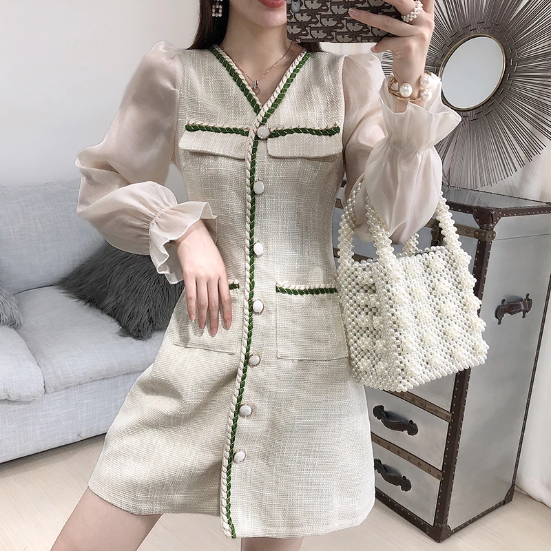 

2019 Autumn Winter New Long Sleeve Single-breasted Patchwork Woven A-line Dress Women V Collar Vestidos H666