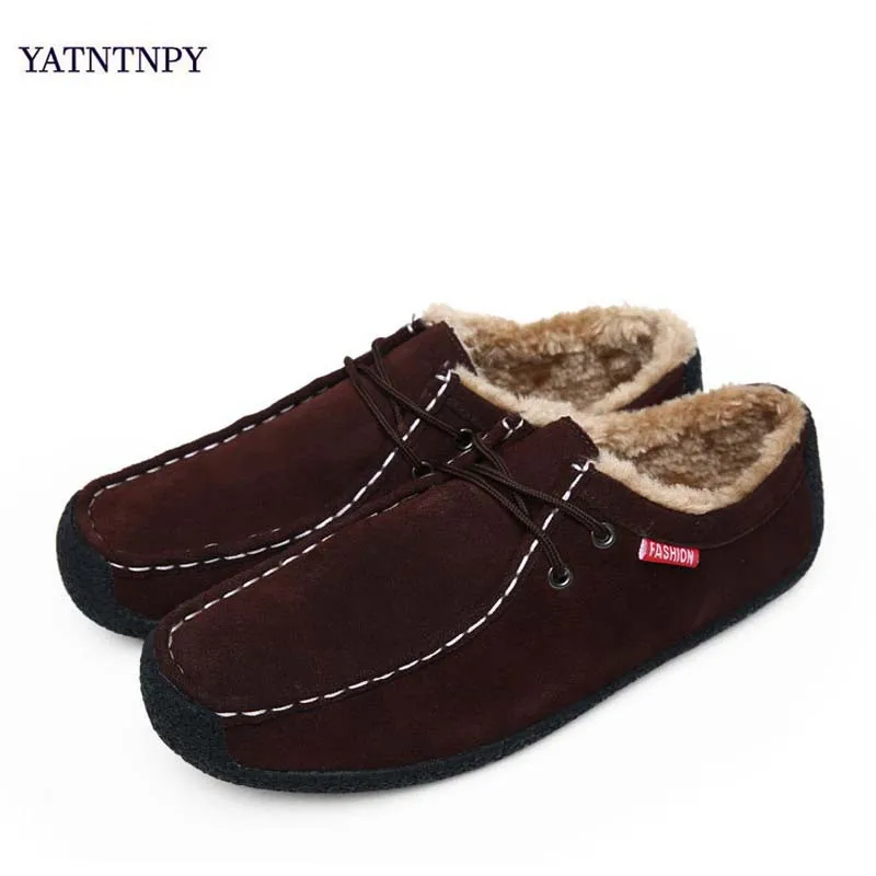 

YATNTNPY NEW big size Brand Genuine Leather men winter boots snow for man Soft Fashion flat Cow suede with fur cotton shoes