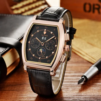 

TEVISE Mens Automatic Watch Tonneau Dial Moon Phase Watches Mechanical Self Wind Leather Date Month Day Wristwatches 8383A