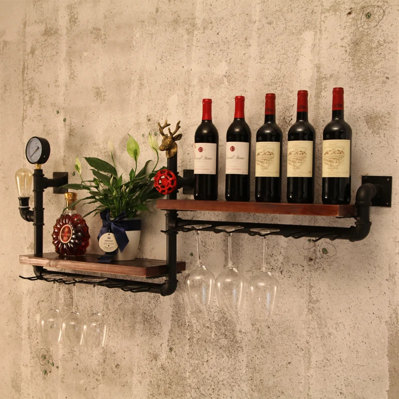 

Loft Retro Industrial Style Bar Wine Rack Wall Hanging Dining Room Bar Iron Solid Wood European-style American Shelf
