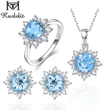Куололит голубой топаз ювелирные наборы для женщин 925 пробы серебряные кольца серьги ожерелья снег Рождественский подарок для нее