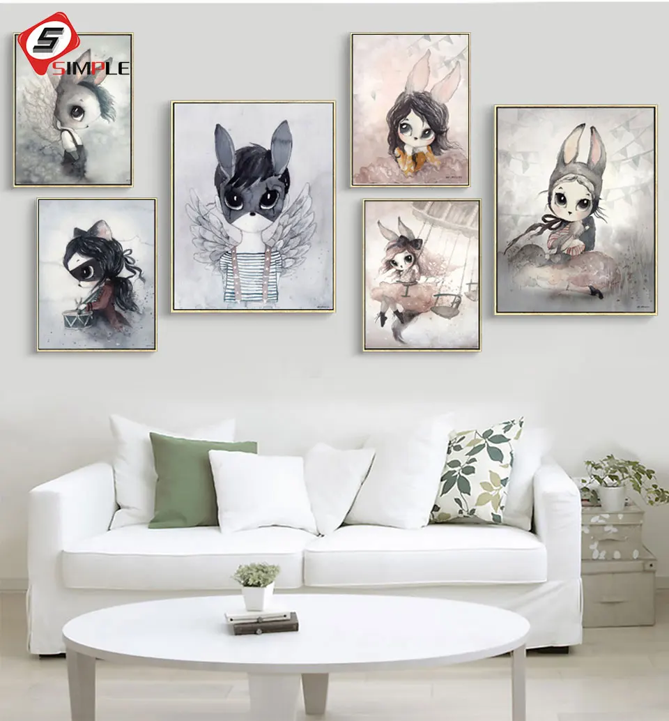 

Nordic Girl Wall Art Canvas Painting Cartoon Rabbit Art Print Posters And Prints Wall Prints Nursery Cuadros Posters No Frame