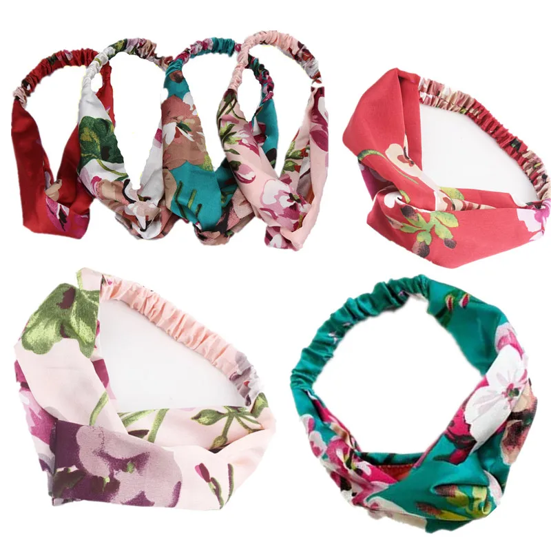 Cross hair band Ladies Silk satin Bouquet pattern Twist knot Elasticity