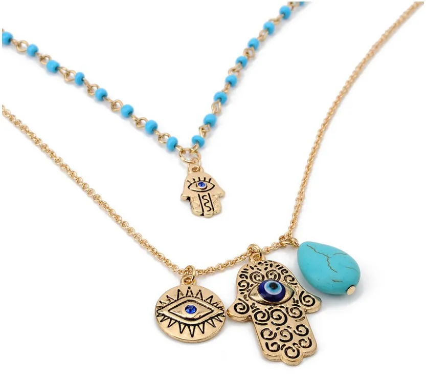 

Bohemia Double Layer Bead Necklace Chain Turkey Blue Evil Eye With Hamsa Hand Fatima Palm Necklace For Women Fatima T