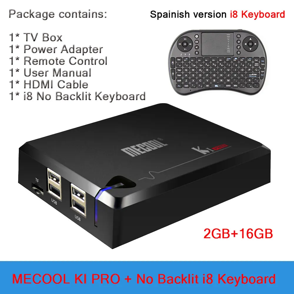 MECOOL KI PRO DVB Android 7,1 Smart tv Box Гибридный DVB-T2/DVB-S2/DVB-C Amlogic S905D Quad 2 Гб+ 16 Гб K1 PRO 5G wifi телеприставки - Цвет: Add i8 Spainish