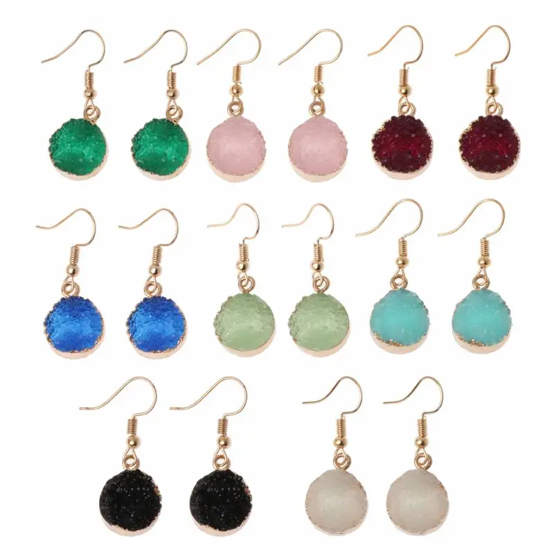

Druzy Stone Hook Drop Earring Round Circle Natural Quartz Geode Crystal Jewelry