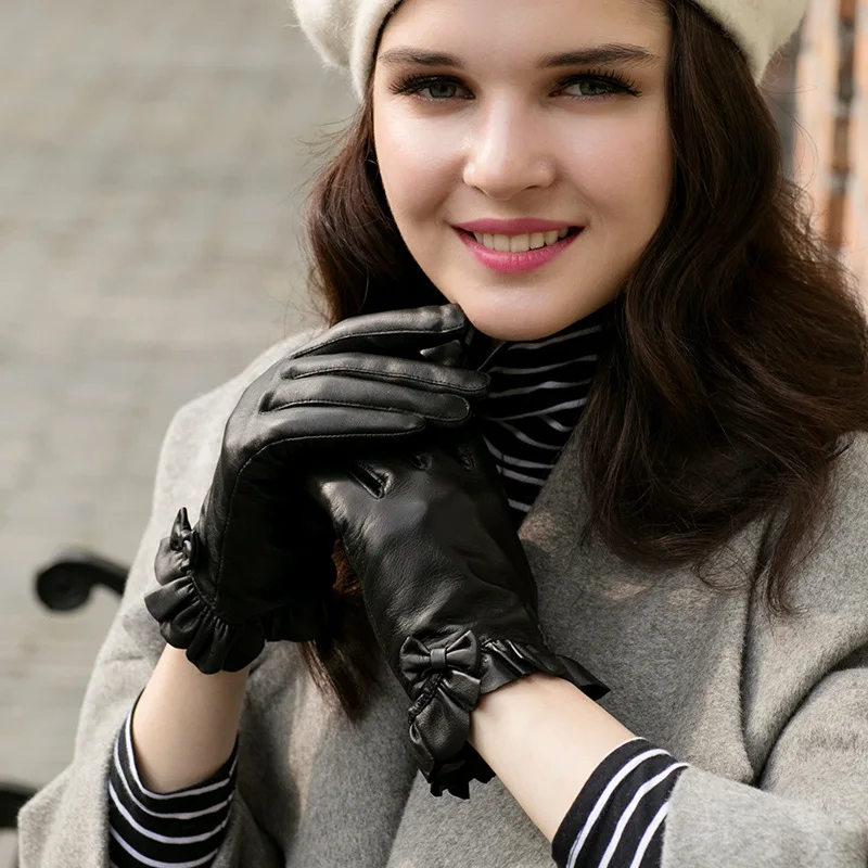 Genuine Leather Women Gloves Autumn Winter Plush Lined Keep Warm Wrist Flounced High Quality Goatskin Female Mittens ZX72