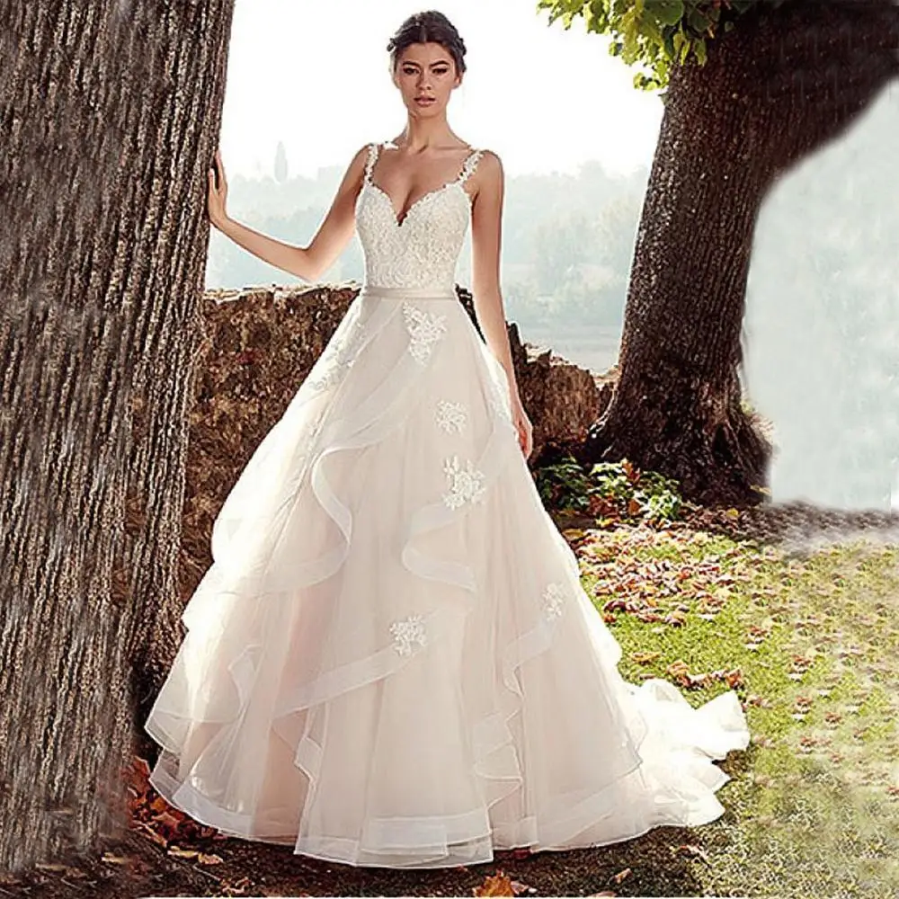 

V Neck Wedding Dress Vestido de Noiva Spaghetti Straps with Ruffles Wedding Gowns Backless Bridal Dress 2019
