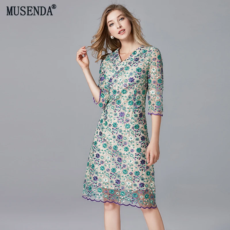 

MUSENDA Plus Size Women Elegant Floral Lace V-Neck Tunic Midi Dress Autumn Female Ladies Party Office Vintage Dresses Clothing
