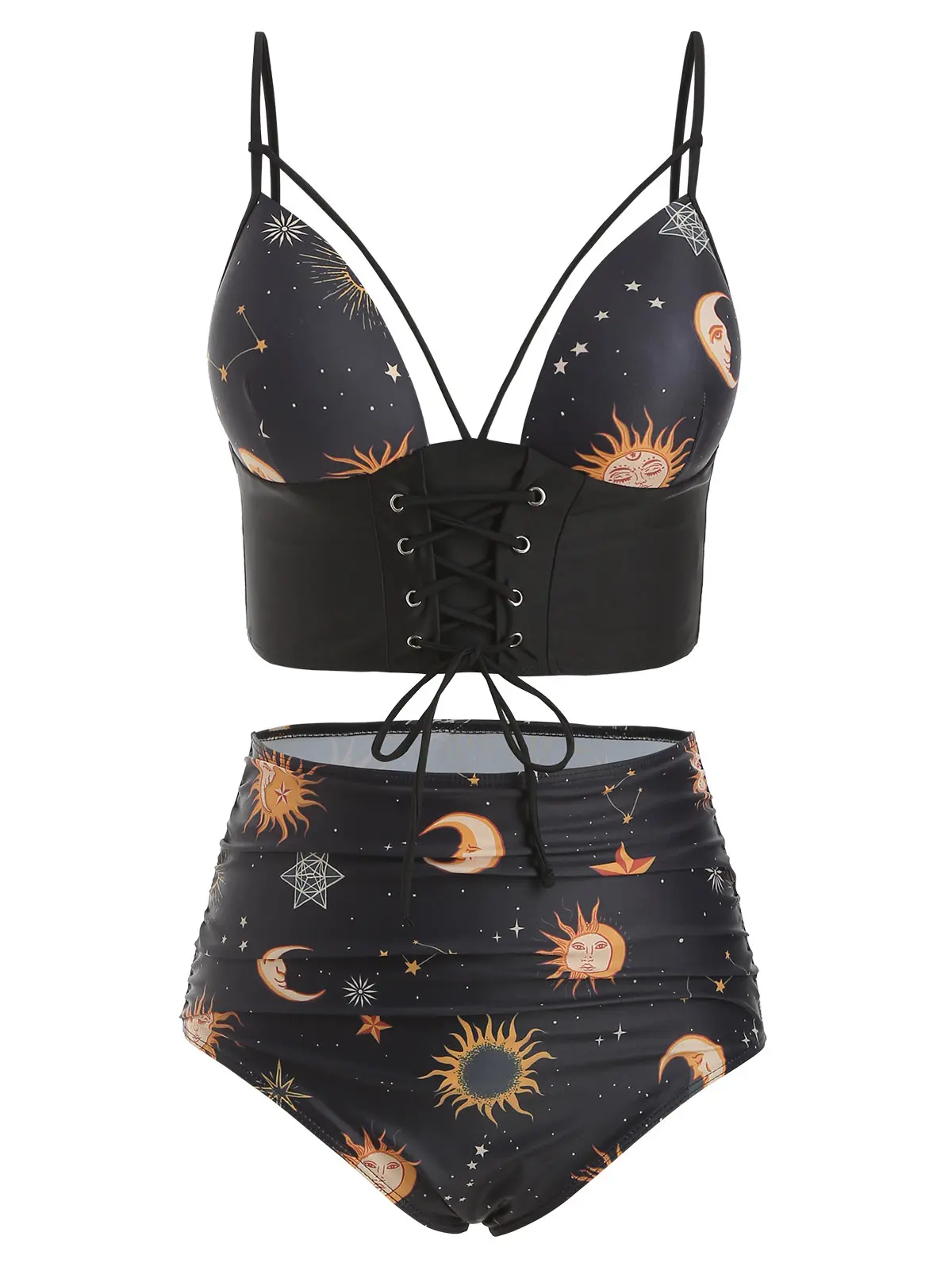 

Wipalo Lace Up Ruched Sun And Moon Tankini Sets Wire Free Swimwear Women Summer 2019 Lace Up High Waist Swimsuits Beach