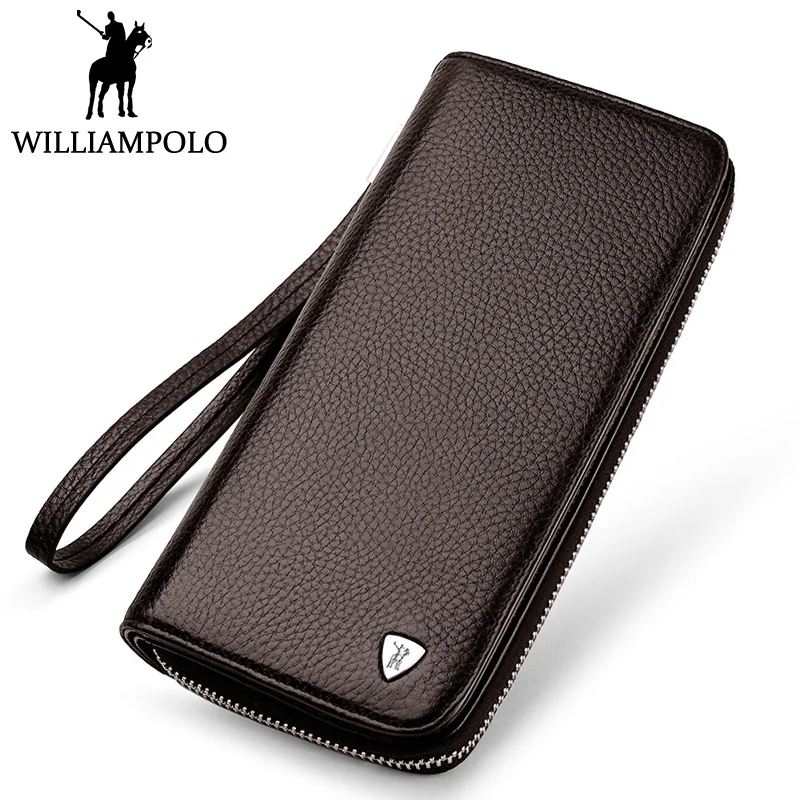 

WilliamPOLO Zipper Clutch Wallet Men Leather Purse Long Business Fashion Card Holder Wallet Original Brand Clutch Bag Brown